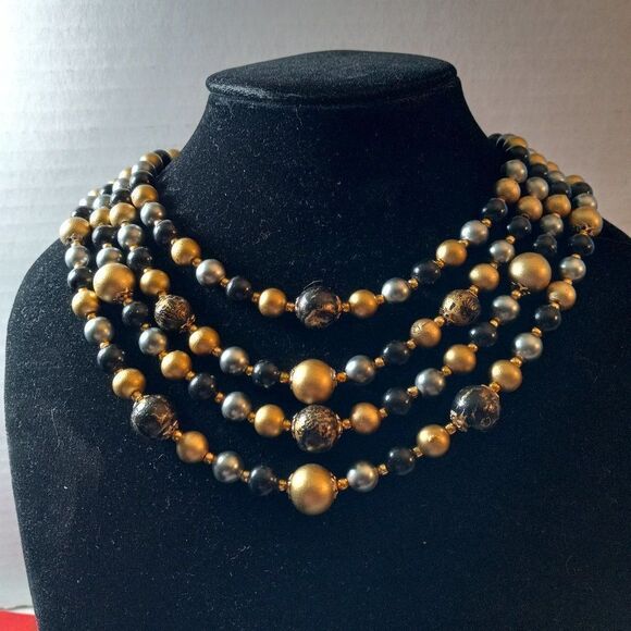 Vintage Japan Four Strand Black & Gold Beaded Necklace Granny Chic - Picture 1 of 6